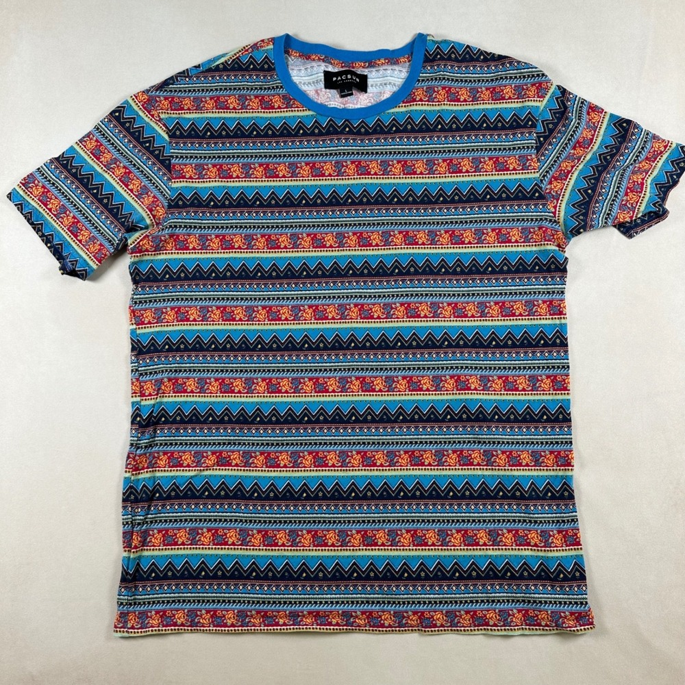 PacSun T-Shirt Mens Large Southwestern Geometric Floral Print Blue Multi Color
